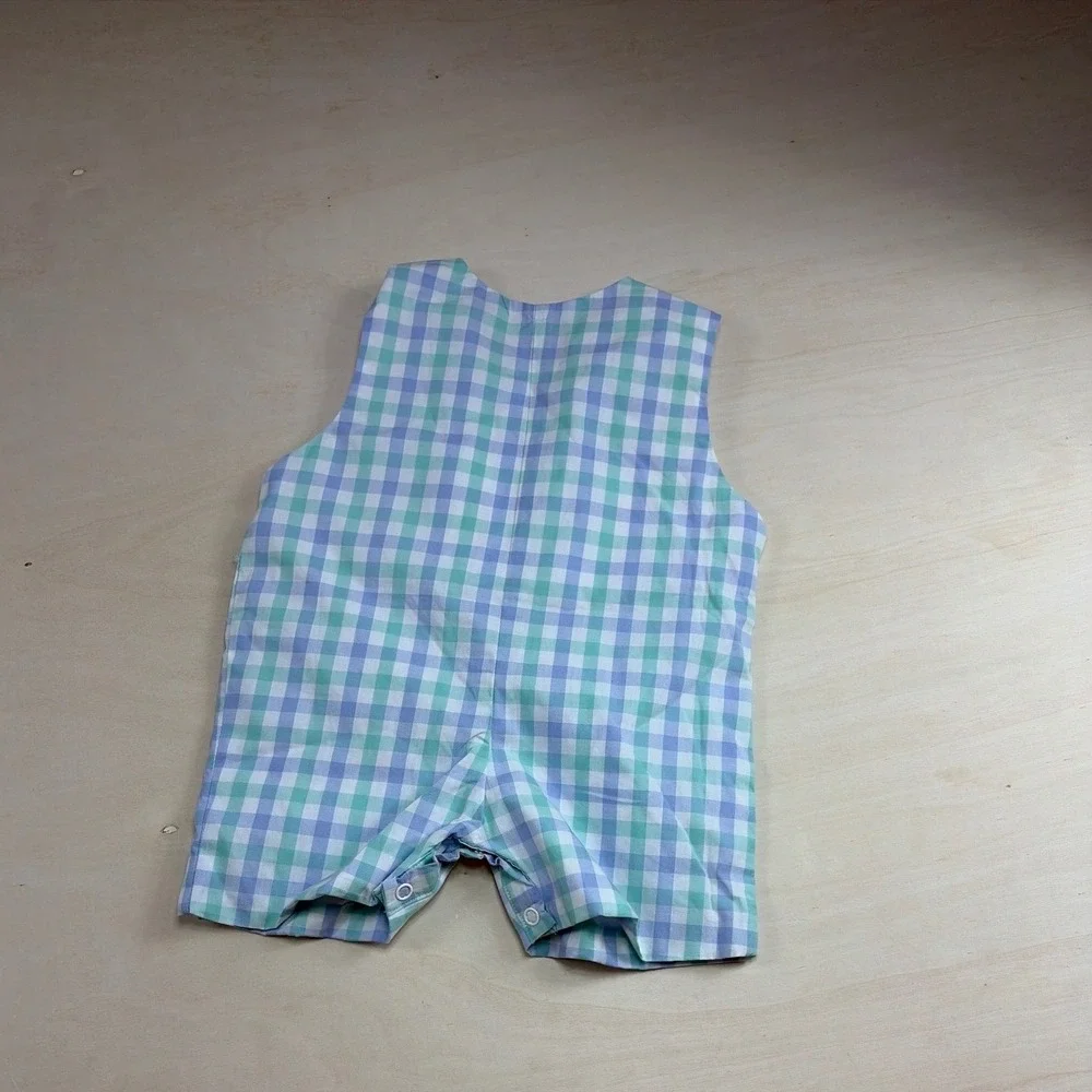 Stitchy Fish Baby Boys Smocked Golden Retriever Dog Gingham Romper Blue Green 6M